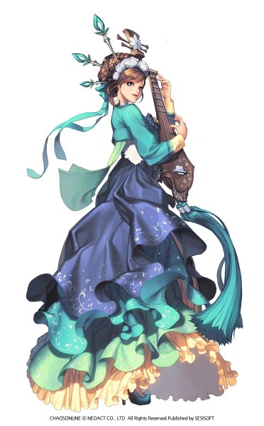 Anime picture 744x1200 with chaos online love cacao single tall image short hair blue eyes simple background brown hair white background looking away hair flower girl dress hair ornament flower (flowers) musical instrument