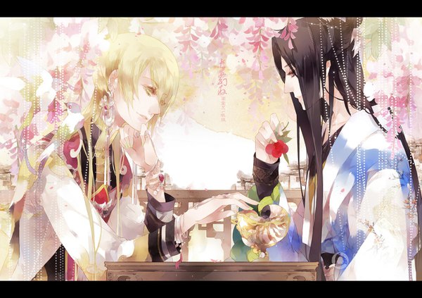 Anime picture 1280x904 with mythical nights in chang'an mlcamaro long hair fringe black hair blonde hair hair between eyes sitting holding yellow eyes looking away upper body traditional clothes parted lips profile black eyes inscription multiple boys chinese clothes letterboxed