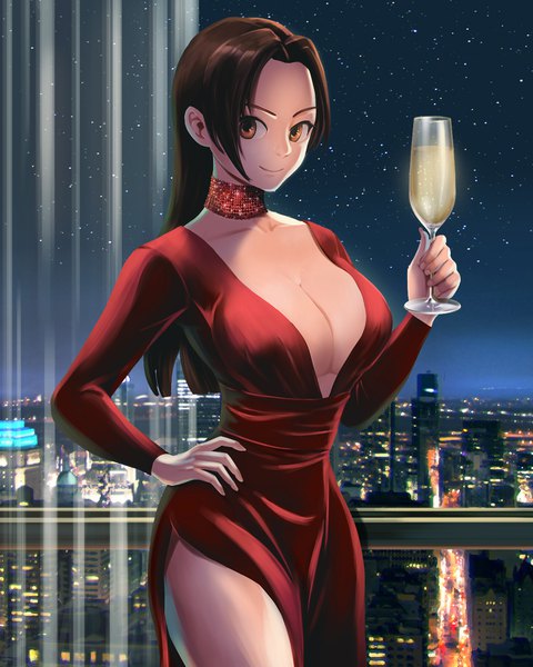 Anime picture 1300x1625 with the king of fighters fatal fury snk shiranui mai savarin single long hair tall image looking at viewer breasts light erotic smile brown hair large breasts standing holding brown eyes payot cleavage indoors