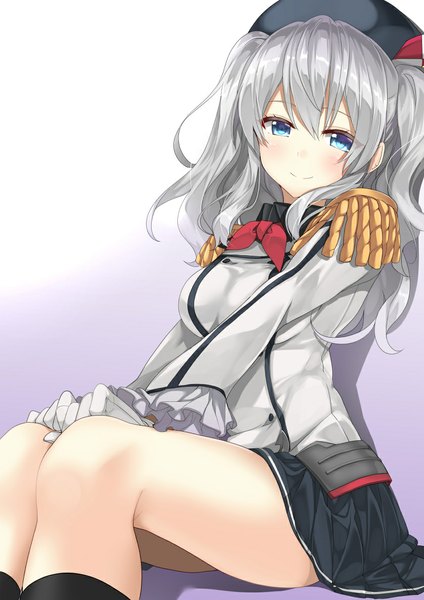 Anime picture 839x1187 with kantai collection kashima training cruiser gintarou (kurousagi108) single long hair tall image looking at viewer blush fringe breasts blue eyes simple background smile large breasts sitting twintails silver hair gradient background girl skirt