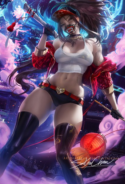Anime picture 684x1000 with league of legends k/da (league of legends) akali (league of legends) k/da akali sakimichan single long hair tall image looking at viewer fringe breasts light erotic hair between eyes brown hair standing bare shoulders holding brown eyes signed payot