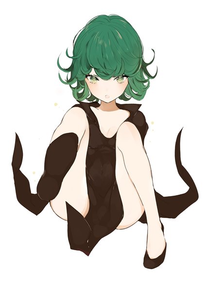 Anime picture 600x844 with one-punch man madhouse tatsumaki lpip single tall image blush fringe short hair open mouth light erotic simple background white background green eyes cleavage full body green hair soles hands behind back side slit