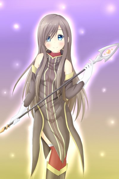 Anime picture 800x1200 with tales of (series) tales of the abyss tear grants tear yu single long hair tall image looking at viewer blush blue eyes smile standing grey hair girl weapon detached sleeves clothes spear
