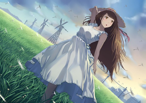 Anime picture 3507x2480 with original agira single long hair blush fringe highres breasts open mouth brown hair standing brown eyes payot looking away absurdres sky cloud (clouds) outdoors arm up wind