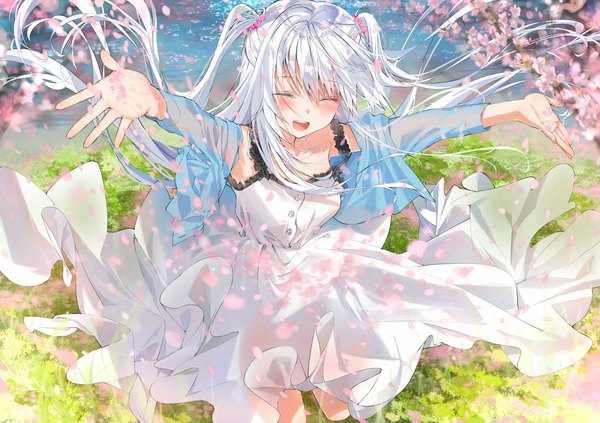 Anime picture 2000x1413 with original mirin boshi single long hair blush fringe highres open mouth smile hair between eyes standing silver hair outdoors eyes closed wind arms up open jacket two side up happy ^ ^