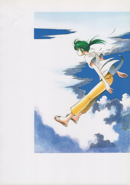 Anime picture 2112x3000 with yokohama kaidashi kikou yokohama kaidashi kikou: ashinano hitoshi art collection (artbook) hatsuseno alpha ashinano hitoshi single long hair tall image highres sky cloud (clouds) ponytail green hair scan torn clothes border falling tearing clothes girl shoes pants