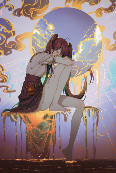 Anime picture 1420x2112 with original e7 (runaway162) single long hair tall image fringe hair between eyes brown hair sitting twintails yellow eyes looking away full body ahoge bent knee (knees) barefoot bare legs glowing glowing eye (eyes) covered mouth