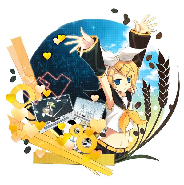 Anime picture 1500x1506 with vocaloid kagamine rin tamura hiro single short hair blue eyes blonde hair armpit (armpits) girl navel hair ornament bow hair bow detached sleeves heart bobby pin