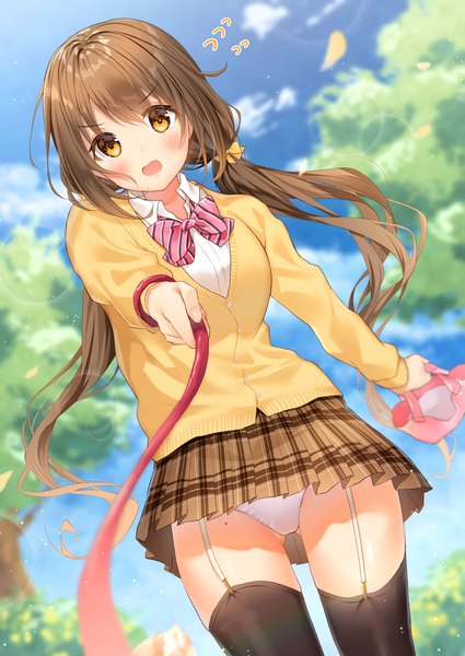 Anime picture 1133x1600 with original gyozanuko single long hair tall image looking at viewer blush open mouth light erotic brown hair twintails yellow eyes sky cloud (clouds) outdoors :d pleated skirt mole pantyshot low twintails