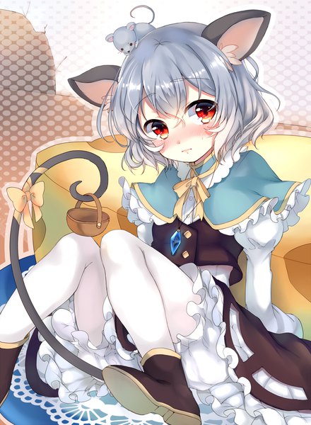 Anime picture 1500x2044 with touhou nazrin paragasu (parags112) single tall image looking at viewer blush short hair red eyes sitting animal ears tail long sleeves animal tail grey hair cute knees together feet apart tail ribbon animal on head mouse ears