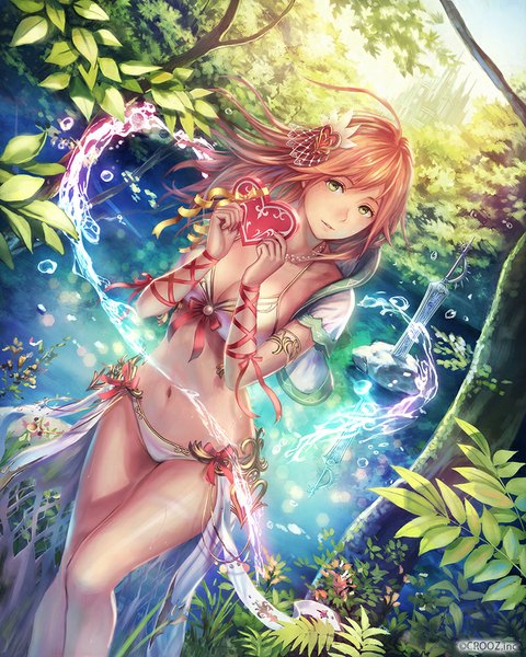 Anime picture 800x1000 with shinma x keishou! ragnabreak original anbe yoshirou single long hair tall image looking at viewer light erotic holding green eyes orange hair bare belly watermark valentine girl navel hair ornament underwear panties ribbon (ribbons)