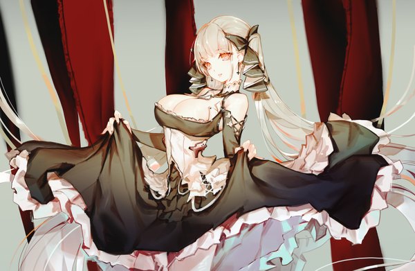 Anime picture 4096x2671 with azur lane formidable (azur lane) saimon ma single looking at viewer highres breasts light erotic red eyes large breasts standing twintails absurdres cleavage very long hair grey hair frilled dress between breasts dress lift lolita fashion
