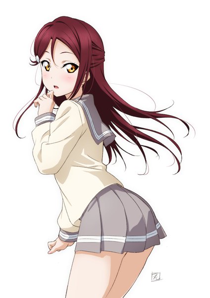 Anime picture 827x1169 with love live! sunshine!! sunrise (studio) love live! sakurauchi riko puma (hyuma1219) single long hair tall image blush fringe open mouth simple background hair between eyes standing white background yellow eyes red hair pleated skirt looking back bare legs