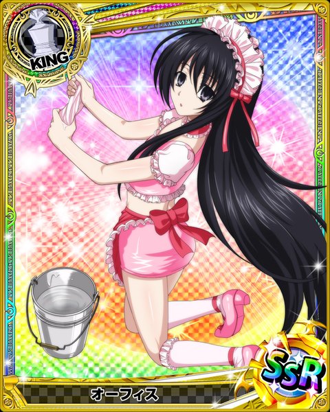 Anime picture 640x800 with highschool dxd ophis single tall image looking at viewer black hair very long hair black eyes maid loli card (medium) girl skirt uniform socks frills headdress maid headdress white socks apron