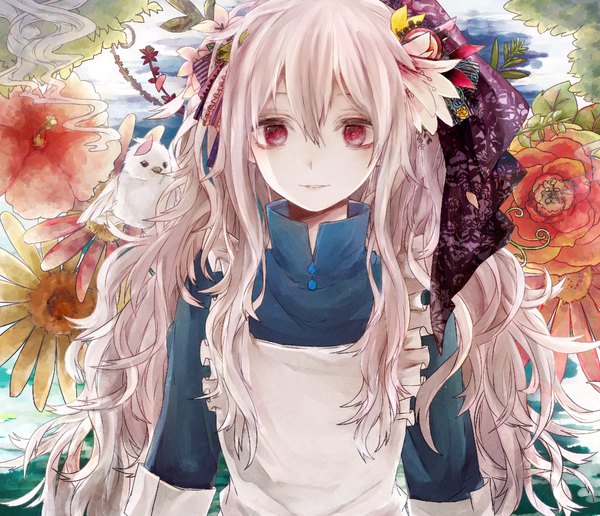 Anime picture 1000x860 with kagerou project shaft (studio) mary (kagerou project) single looking at viewer fringe red eyes pink hair light smile wavy hair hair ornament flower (flowers) animal bird (birds) apron