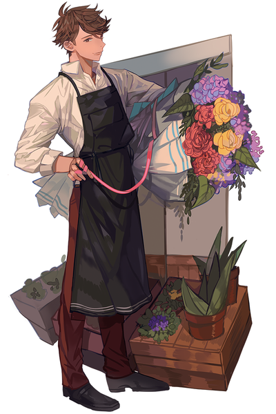 Anime picture 800x1200 with haikyuu!! production i.g ooikawa tooru dal (edalnem) single tall image short hair brown hair standing white background brown eyes full body open collar boy flower (flowers) ribbon (ribbons) plant (plants) shirt white shirt apron