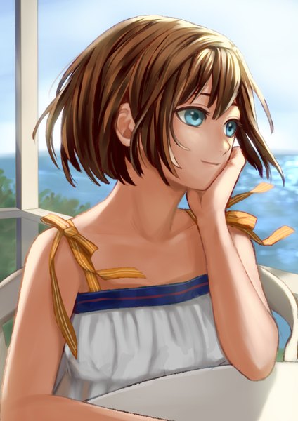 Anime picture 2480x3508 with original ichinose777 single tall image highres short hair blue eyes smile brown hair sitting looking away sky girl dress window white dress sea chair table
