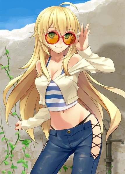 Anime picture 800x1119 with idolmaster hoshii miki prime single long hair tall image looking at viewer blonde hair smile green eyes girl navel underwear panties sunglasses blouse jeans