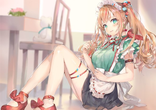 Anime picture 1300x918 with original maple (momoko) momoko (momopoco) single long hair looking at viewer blush fringe breasts blonde hair large breasts sitting twintails payot full body bent knee (knees) indoors nail polish parted lips multicolored hair