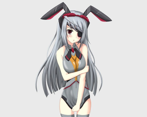 Anime picture 1024x819 with infinite stratos 8bit laura bodewig single long hair looking at viewer blush open mouth light erotic simple background blonde hair red eyes bare shoulders animal ears silver hair bunny ears covered navel girl bodysuit eyepatch