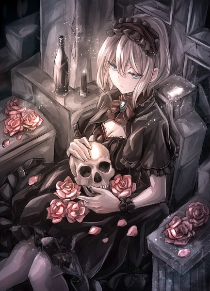 Anime picture 866x1200 with touhou alice margatroid jan (lightdragoon) single tall image blush fringe short hair breasts hair between eyes sitting holding looking away cleavage silver hair indoors aqua eyes fingernails from above short sleeves