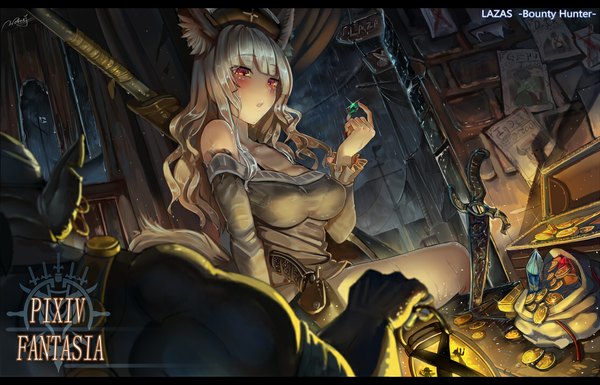 Anime picture 1112x714 with original pixiv fantasia pixiv fantasia fallen kings walzrj single long hair blush breasts red eyes large breasts sitting bare shoulders animal ears logo troll girl dress weapon hat earrings
