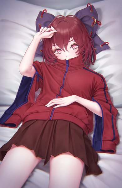 Anime picture 1297x1996 with touhou sekibanki torinari (dtvisu) single tall image looking at viewer fringe short hair hair between eyes red eyes red hair lying pleated skirt arm up wide sleeves on back adjusting hair covered mouth unzipped girl