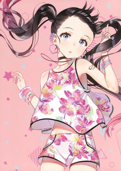 Anime picture 2343x3300 with original ancotaku single long hair tall image looking at viewer highres blue eyes black hair simple background standing twintails bare shoulders parted lips head tilt sleeveless floating hair floral print pink background serious