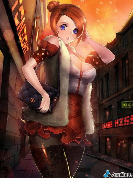 Anime picture 750x1000 with original nal (artist) single tall image looking at viewer short hair blue eyes light erotic brown hair bare shoulders girl dress pantyhose bag