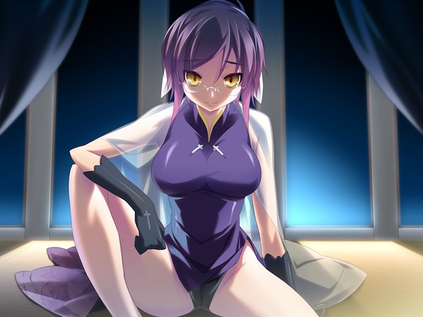 Anime picture 1200x900 with breasts light erotic yellow eyes game cg purple hair girl glasses