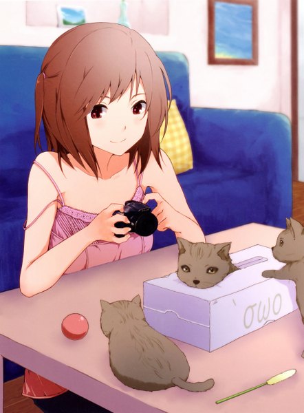 Anime picture 1820x2467 with nishiuri warito tall image looking at viewer highres short hair smile brown hair sitting bare shoulders brown eyes looking away two side up girl animal pillow cat couch ball camera cattail