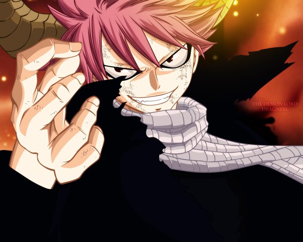 Anime picture 1680x1342 with fairy tail natsu dragneel kayamah single short hair smile red eyes pink hair horn (horns) inscription grin coloring boy scarf cloak