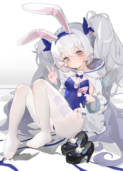 Anime picture 2830x3925 with azur lane laffey (azur lane) laffey ii (azur lane) laffey ii (sleepy on a busy day) (azur lane) kele mimi single tall image fringe highres light erotic simple background hair between eyes red eyes sitting twintails holding animal ears silver hair full body bent knee (knees)