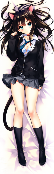 Anime picture 2344x7500 with idolmaster idolmaster cinderella girls shibuya rin carnelian single long hair tall image looking at viewer highres light erotic brown hair animal ears cleavage tail lying animal tail pleated skirt from above cat ears cat tail