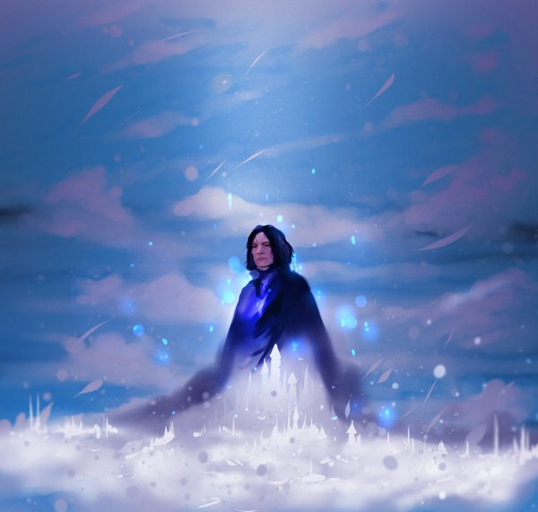 Anime picture 1330x1266 with harry potter severus snape ryky single short hair black hair standing looking away sky cloud (clouds) realistic lens flare serious boy mantle castle tower