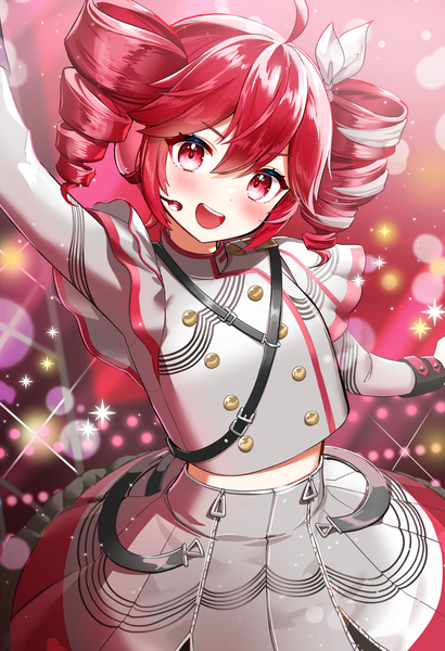 Anime picture 1400x2048 with utau synthesizer v kasane teto kasane teto (sv) kiki-yu single tall image looking at viewer blush fringe short hair open mouth hair between eyes red eyes twintails ahoge red hair :d sparkle drill hair