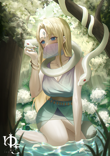 Anime picture 2480x3508 with original yuki (o2) single long hair tall image blush fringe highres breasts blue eyes blonde hair large breasts sitting signed payot looking away cleavage bent knee (knees) outdoors nail polish