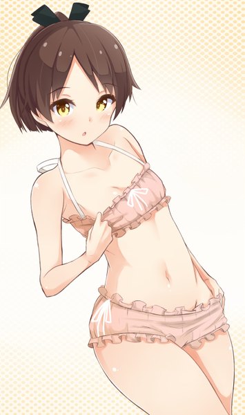 Anime picture 888x1500 with kantai collection shikinami destroyer oukichi single tall image looking at viewer blush short hair open mouth light erotic simple background brown hair white background yellow eyes girl ribbon (ribbons) hair ribbon