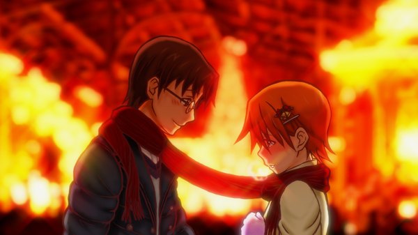 Anime picture 1920x1080 with working!! a-1 pictures inami mahiru takanashi souta blush highres short hair brown hair wide image orange hair couple shared scarf girl boy hair ornament glasses jacket scarf winter clothes