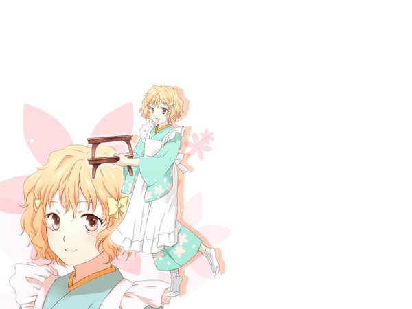 Anime picture 1024x768 with hanasaku iroha p.a. works matsumae ohana single blush short hair open mouth simple background blonde hair smile white background brown eyes traditional clothes zoom layer girl bow hair bow socks white socks apron