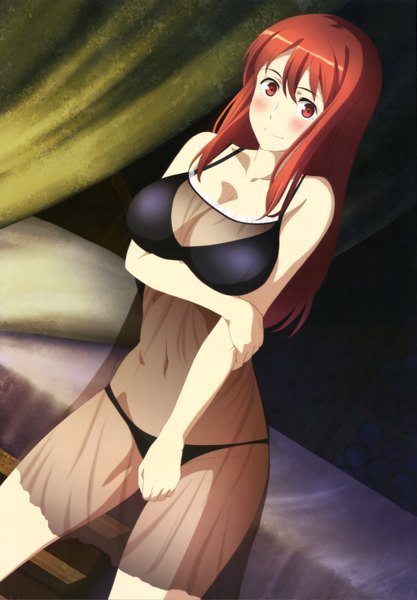 Anime picture 4089x5885 with maoyuu maou yuusha nyantype arms corporation maou (maoyuu) long hair tall image looking at viewer blush highres light erotic red eyes absurdres red hair official art underwear only girl underwear swimsuit bikini pillow