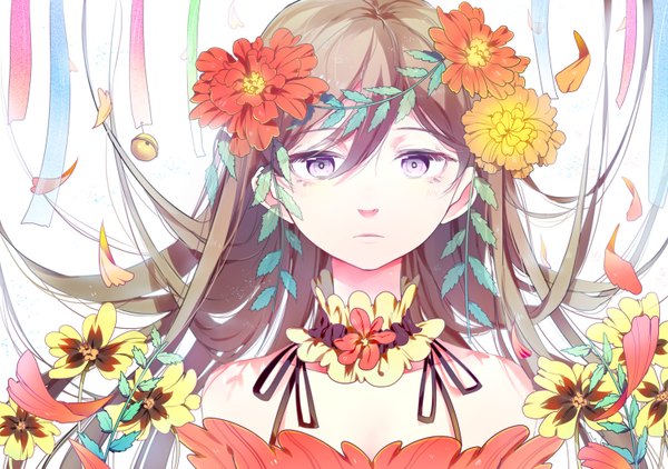 Anime picture 1500x1057 with original rosele single long hair looking at viewer brown hair purple eyes bare shoulders hair flower girl hair ornament flower (flowers) petals choker bell jingle bell