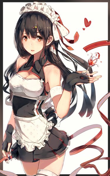 Anime picture 1163x1864 with original hadean92 single long hair tall image looking at viewer blush black hair simple background white background maid orange eyes border symbol-shaped pupils revision broken girl thighhighs dress gloves