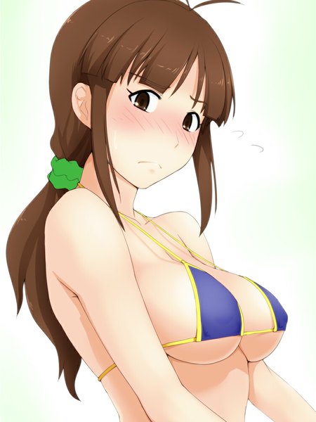 Anime picture 750x1000 with idolmaster akizuki ritsuko tetuo kun single long hair tall image looking at viewer blush breasts light erotic brown hair white background bare shoulders brown eyes girl swimsuit bikini