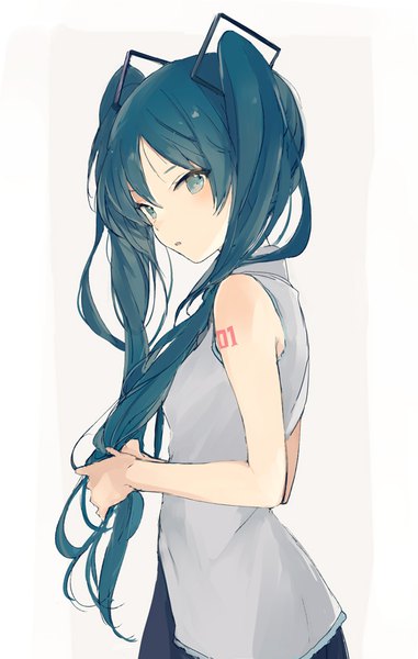 Anime picture 532x836 with vocaloid hatsune miku lpip single long hair tall image looking at viewer fringe open mouth simple background hair between eyes standing twintails bare shoulders payot blue hair upper body head tilt aqua eyes grey background
