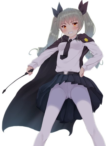 Anime picture 873x1200 with girls und panzer anchovy (girls und panzer) kiyomin single long hair tall image looking at viewer blush fringe breasts light erotic simple background smile white background twintails grey hair orange eyes upskirt girl skirt
