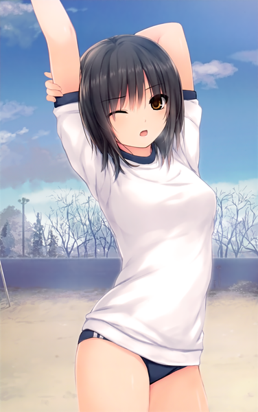 Anime picture 1940x3091 with original aoyama sumika coffee-kizoku single tall image highres short hair open mouth black hair brown eyes sky cloud (clouds) one eye closed girl uniform gym uniform