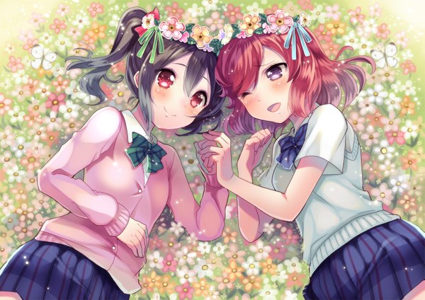 Anime picture 1541x1091 with love live! school idol project sunrise (studio) love live! nishikino maki yazawa nico hikari no long hair looking at viewer blush fringe short hair open mouth black hair smile red eyes twintails multiple girls looking away pink hair lying