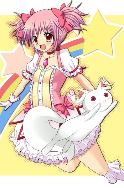 Anime picture 990x1500 with mahou shoujo madoka magica shaft (studio) kaname madoka kyuubee rari single tall image looking at viewer blush fringe short hair open mouth twintails payot pink hair bent knee (knees) :d pink eyes short sleeves puffy sleeves
