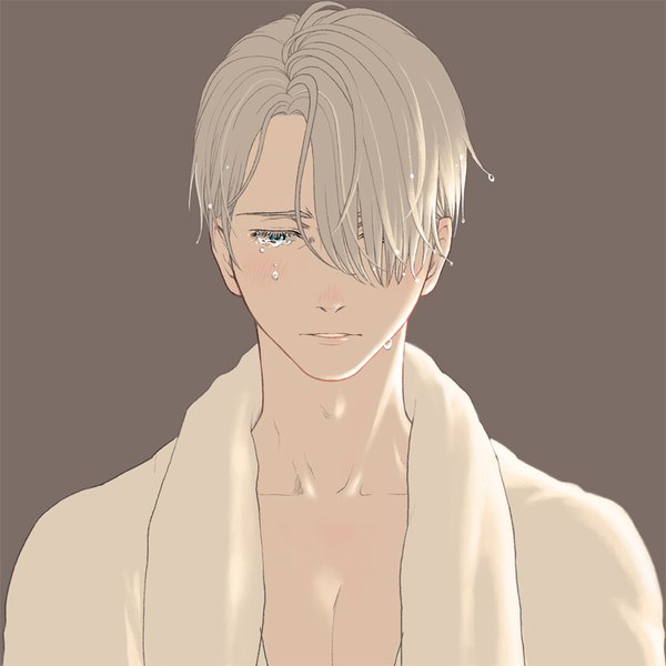 Anime picture 800x800 with yuri!!! on ice mappa viktor nikiforov yuhei single blush fringe short hair simple background blonde hair upper body parted lips aqua eyes hair over one eye tears looking down crying brown background towel around neck boy